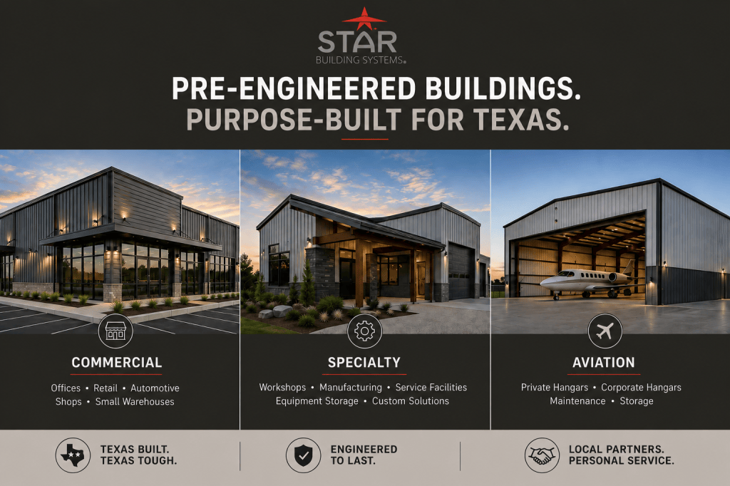 Pre-engineered metal buildings for commercial, specialty and aviation projects in North Texas